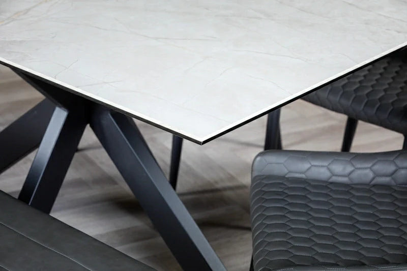 Nova 140cm Grey/Gold Ceramic Marble Dining Table - Belmont Interiors