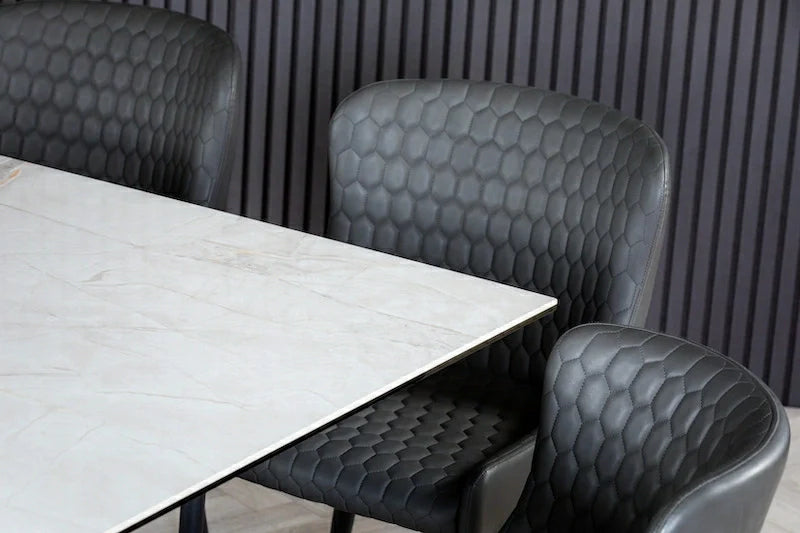 Nova 140cm Grey/Gold Ceramic Marble Dining Table - Belmont Interiors