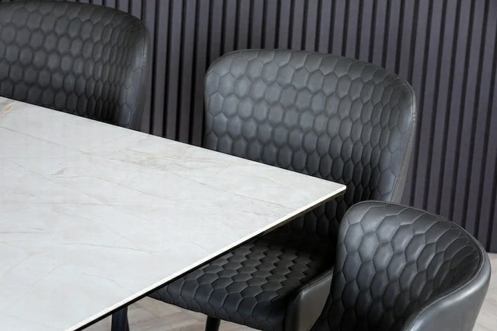 Nova 140cm Grey/Gold Ceramic Marble Dining Table - Belmont Interiors