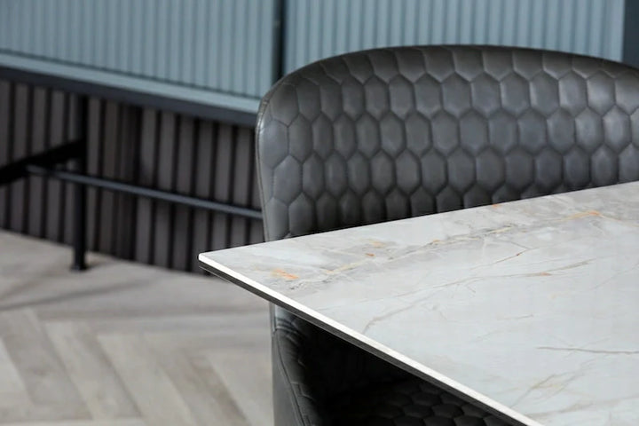 Nova 140cm Grey/Gold Ceramic Marble Dining Table - Belmont Interiors