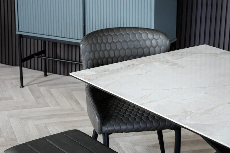 Nova 140cm Grey/Gold Ceramic Marble Dining Table - Belmont Interiors