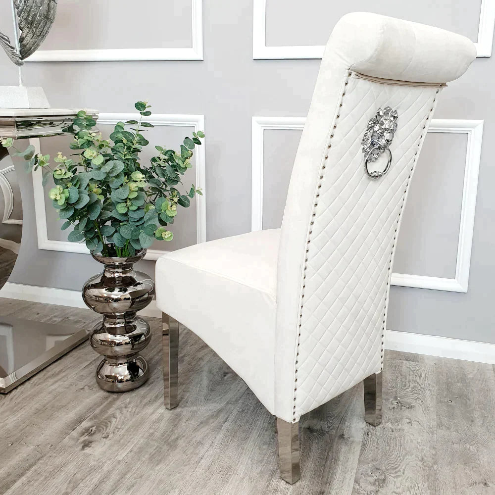 Venice 180cm Marble & Chrome Dining Table With Lucy Slim Quilted Lion Knocker Velvet Chairs - Belmont Interiors