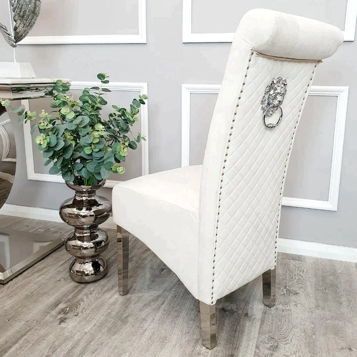 Venice 180cm Marble & Chrome Dining Table With Lucy Slim Quilted Lion Knocker Velvet Chairs - Belmont Interiors