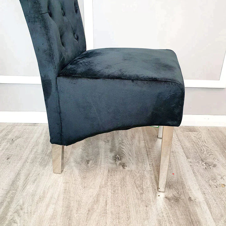 Venice 180cm Marble & Chrome Dining Table With Lucy Slim Quilted Lion Knocker Velvet Chairs - Belmont Interiors