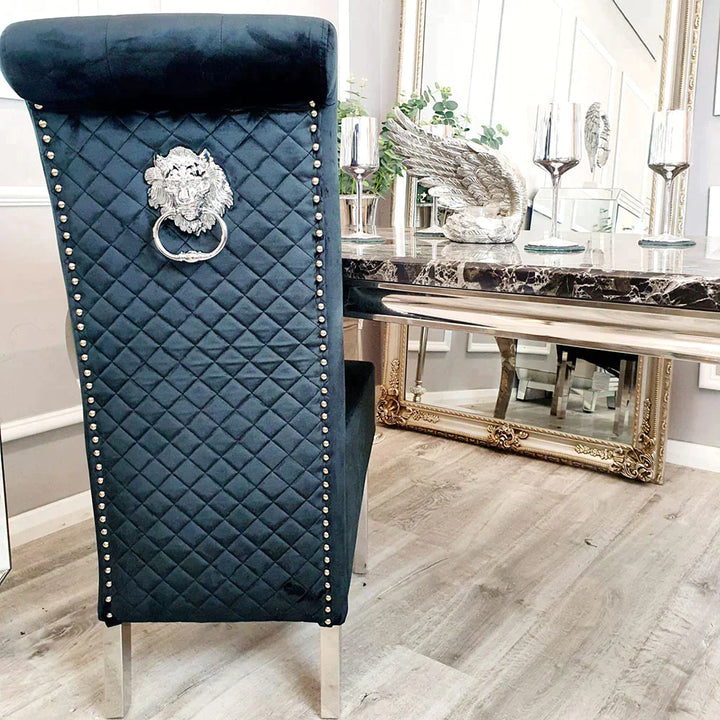 Venice 180cm Marble & Chrome Dining Table With Lucy Slim Quilted Lion Knocker Velvet Chairs - Belmont Interiors