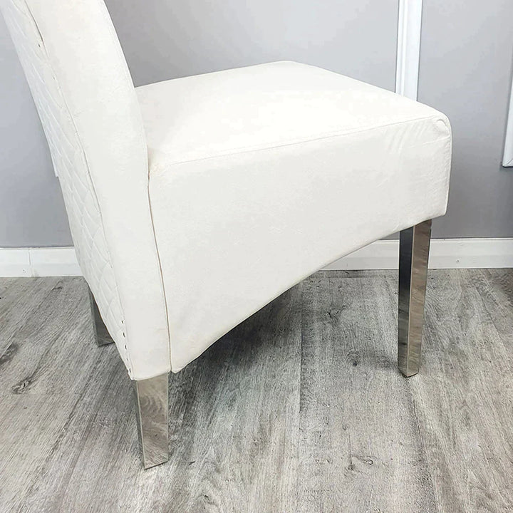 Venice 180cm Marble & Chrome Dining Table With Lucy Slim Quilted Lion Knocker Velvet Chairs - Belmont Interiors
