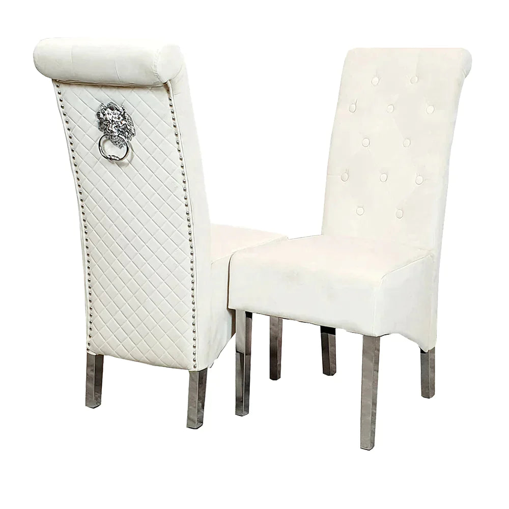 Venice 180cm Marble & Chrome Dining Table With Lucy Slim Quilted Lion Knocker Velvet Chairs - Belmont Interiors