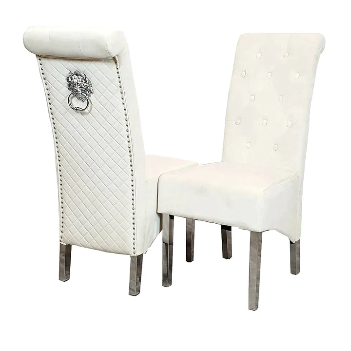 Venice 180cm Marble & Chrome Dining Table With Lucy Slim Quilted Lion Knocker Velvet Chairs - Belmont Interiors