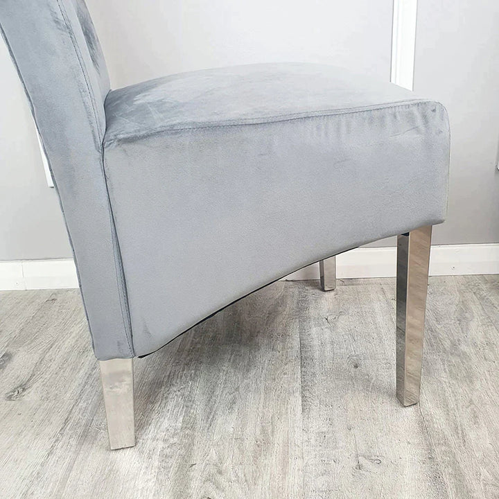 Ottavia 180cm Marble & Chrome Dining Table With Lucy Slim Quilted Lion Knocker Velvet Chairs - Belmont Interiors