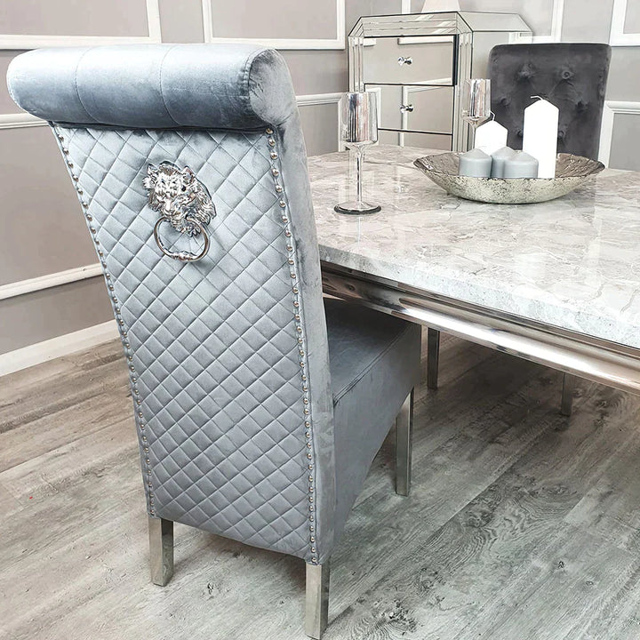 Venice 180cm Marble & Chrome Dining Table With Lucy Slim Quilted Lion Knocker Velvet Chairs - Belmont Interiors