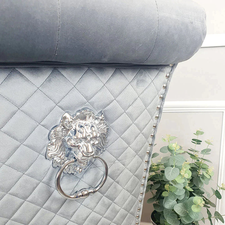 Louis Marble & Chrome Dining Table With Lucy Slim Quilted Lion Knocker Velvet Chairs - Belmont Interiors
