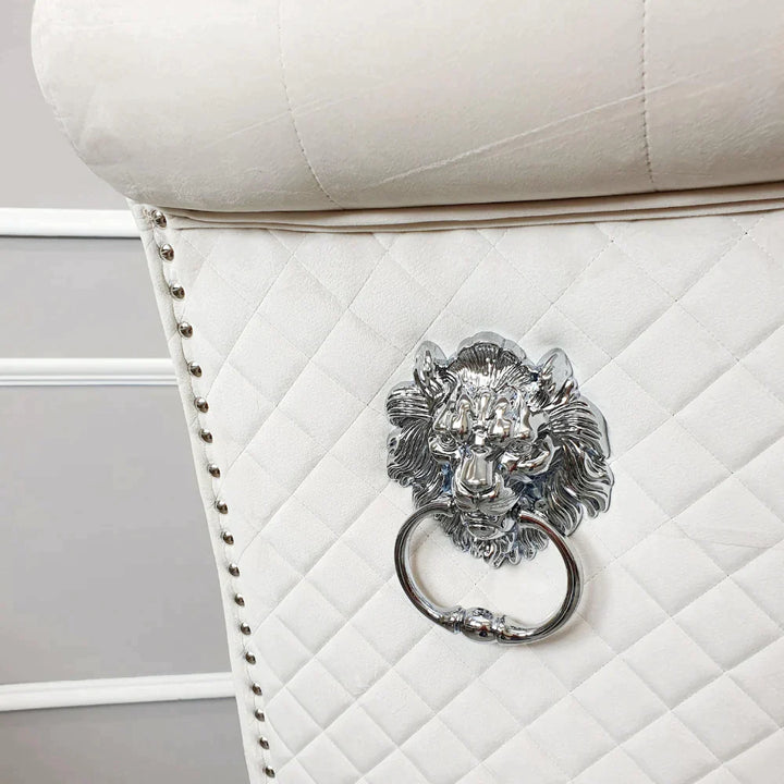 Louis Marble & Chrome Dining Table With Lucy Slim Quilted Lion Knocker Velvet Chairs - Belmont Interiors