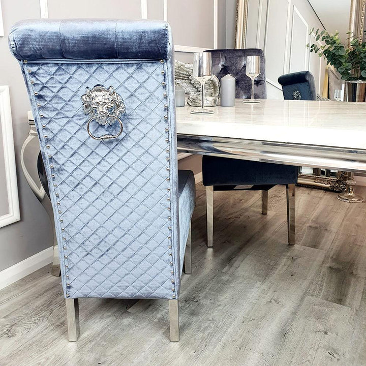 Louis 160cm White Marble Dining Table + Lucy Lion Slim Knocker Plush Velvet Chairs In 4 Colours - Belmont Interiors