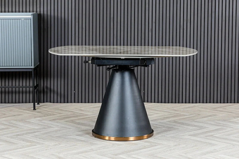 Nova 80-130cm Round Grey Polished Ceramic Marble Swivel Mechanism Extending Dining Table - Belmont Interiors