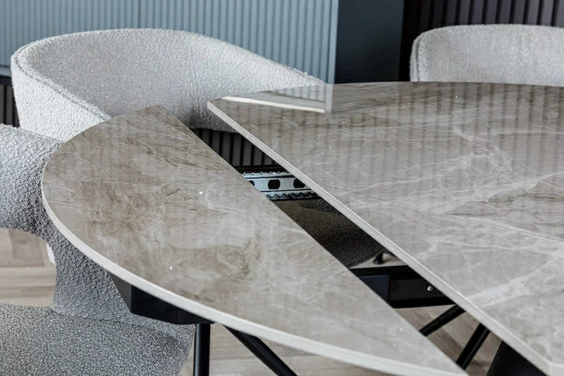 Nova 80-130cm Round Grey Polished Ceramic Marble Swivel Mechanism Extending Dining Table - Belmont Interiors