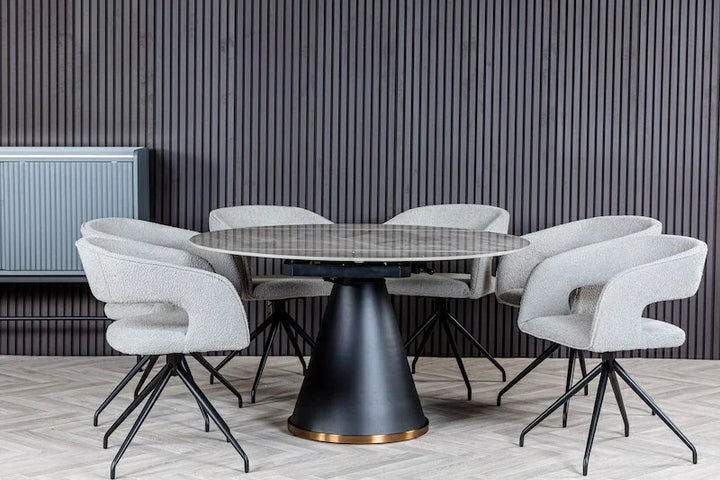 Nova 80-130cm Round Grey Polished Ceramic Marble Swivel Mechanism Extending Dining Table - Belmont Interiors