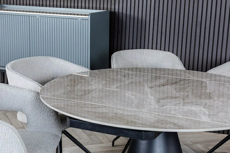 Nova 80-130cm Round Grey Polished Ceramic Marble Swivel Mechanism Extending Dining Table - Belmont Interiors