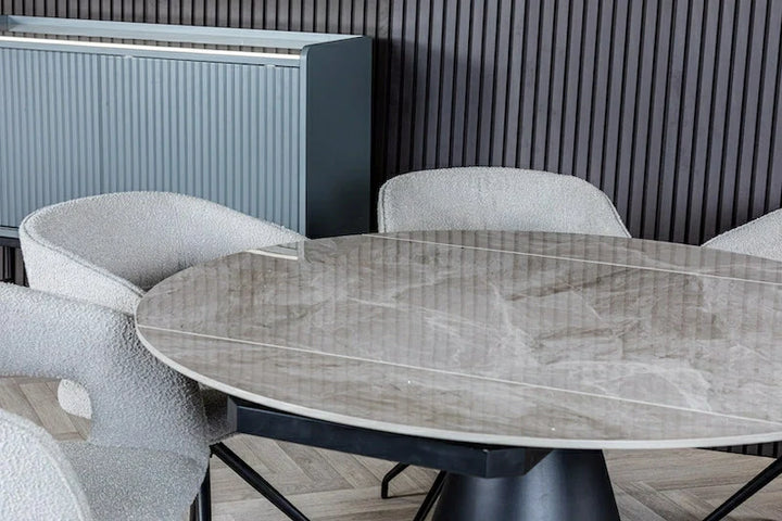 Nova 80-130cm Round Grey Polished Ceramic Marble Swivel Mechanism Extending Dining Table - Belmont Interiors