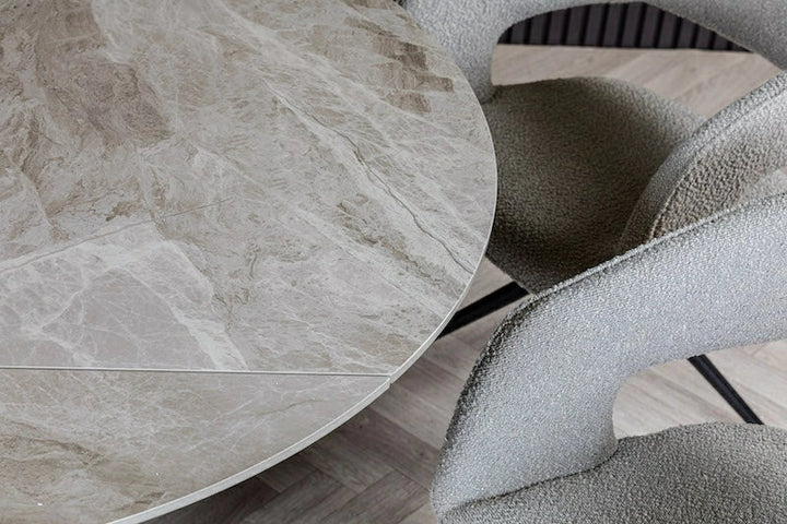 Nova 80-130cm Round Grey Polished Ceramic Marble Swivel Mechanism Extending Dining Table - Belmont Interiors