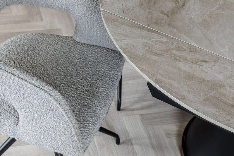 Nova 80-130cm Round Grey Polished Ceramic Marble Swivel Mechanism Extending Dining Table - Belmont Interiors