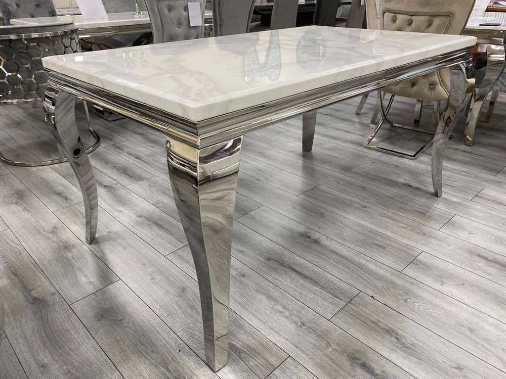 Louis 150cm White Marble Dining Table + Knightsbridge Dark Grey Knocker Plush Velvet Chairs - Belmont Interiors
