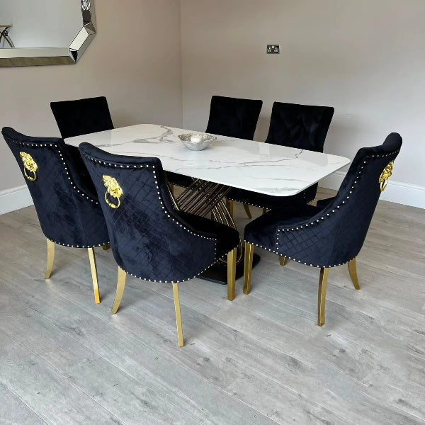 Orion Gold 180cm Dining Table with Polar White Sintered Stone Top + Gold Lion Knocker Dining Chairs - Belmont Interiors