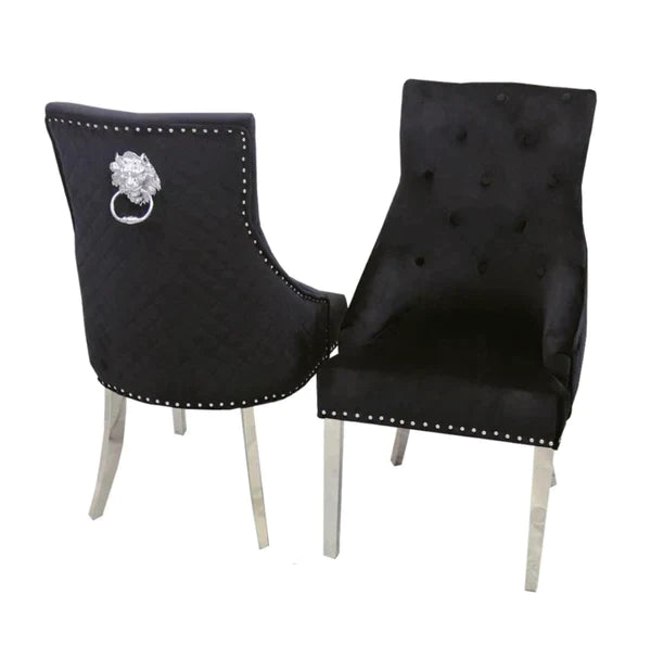 Ottavia 180cm Marble & Chrome Dining Table With Quilted Lion Knocker Velvet Chairs - Belmont Interiors