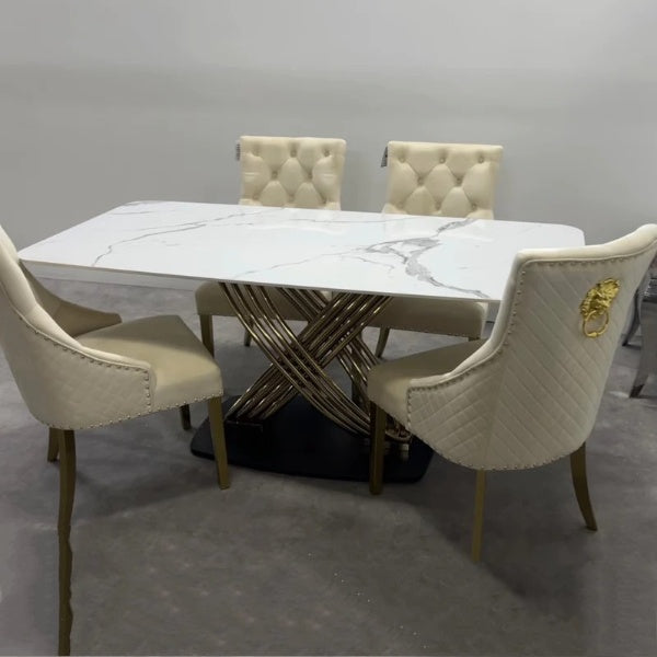 Orion Gold 180cm Dining Table with Polar White Sintered Stone Top + Gold Lion Knocker Dining Chairs - Belmont Interiors