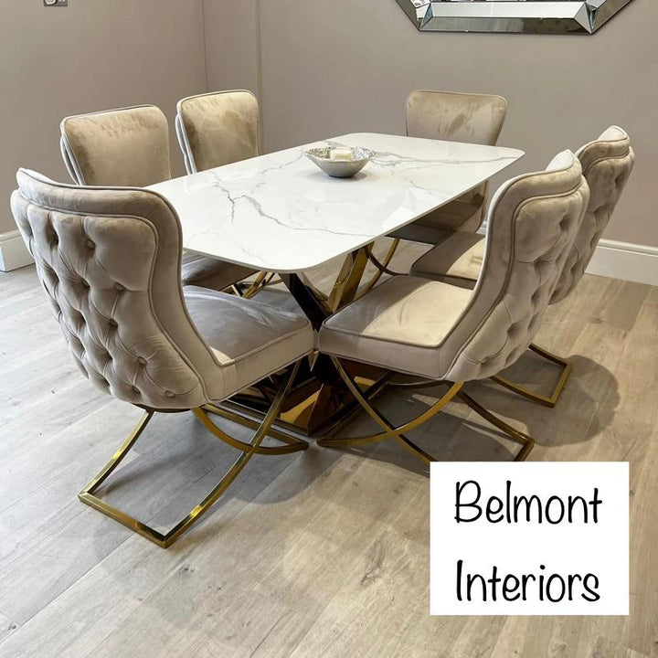 Valeo Gold 180cm Dining Table with Polar White Sintered Stone Top + Sandy Button Gold Dining Chairs-Dining Table & Chairs Set-Cuthwells-Belmont Interiors