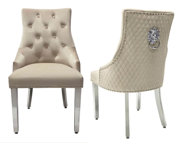 Ottavia 180cm Marble & Chrome Dining Table With Quilted Lion Knocker Velvet Chairs - Belmont Interiors