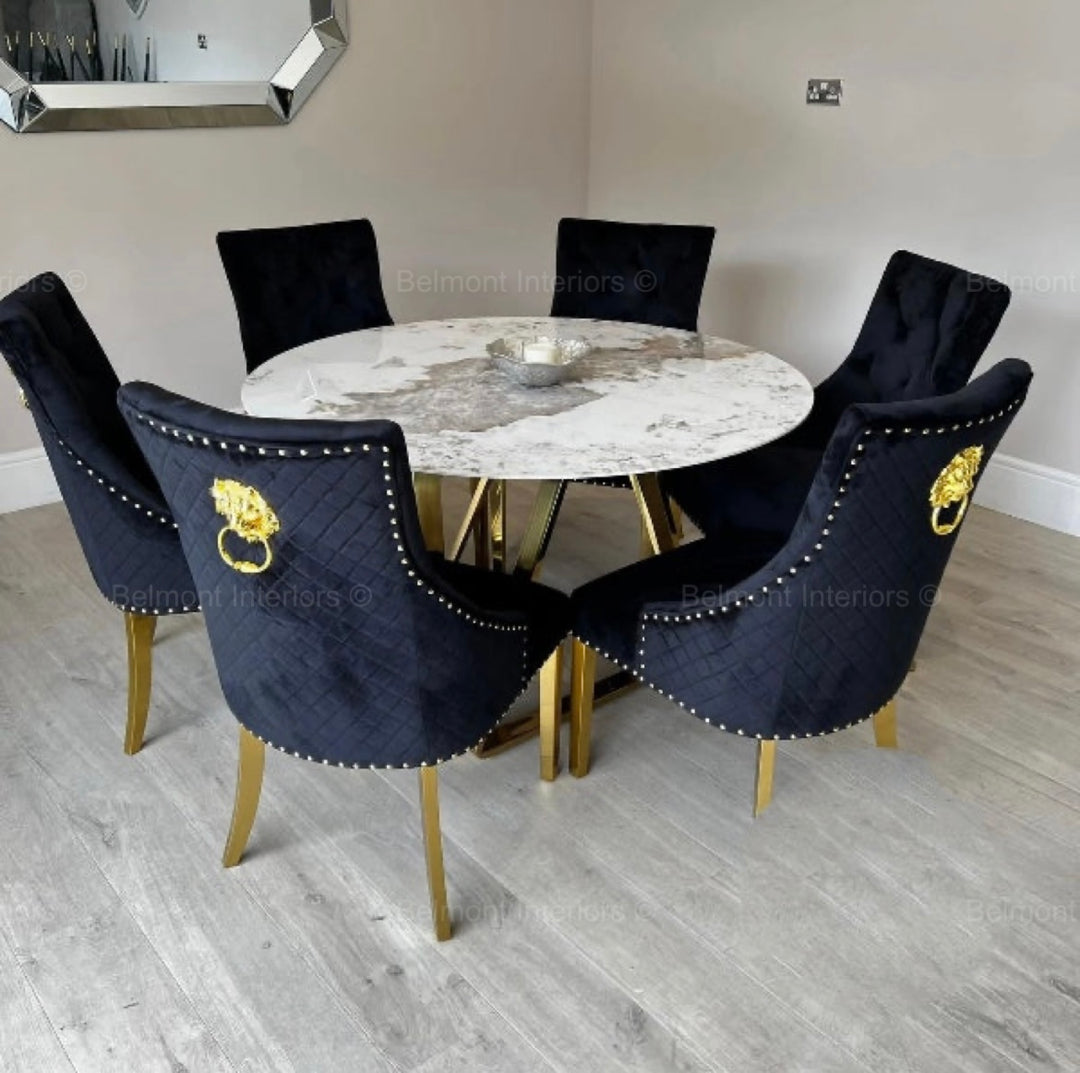 Nero 130cm Round Gold Dining Table with Pandora Gold Sintered Stone Top + Gold Lion Knocker Dining Chairs - Belmont Interiors