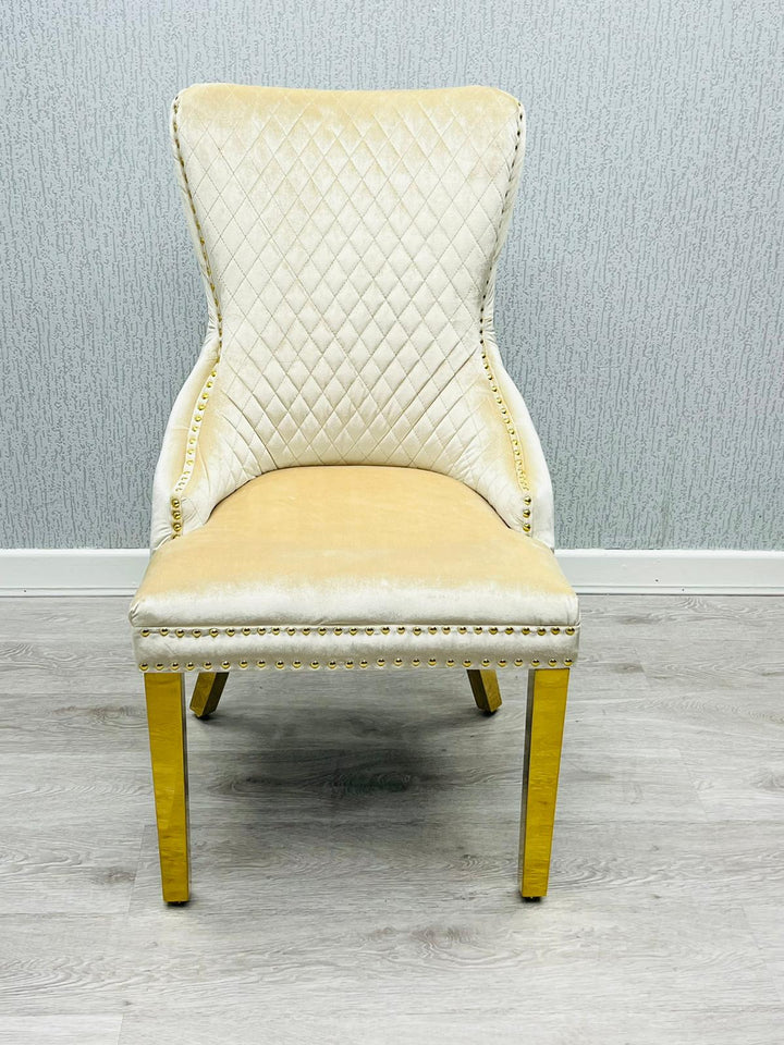 Victoria Gold Ring Knocker Quilted Tufted Plush Velvet Dining Chair Gold Legs - 2 Colours - Belmont Interiors