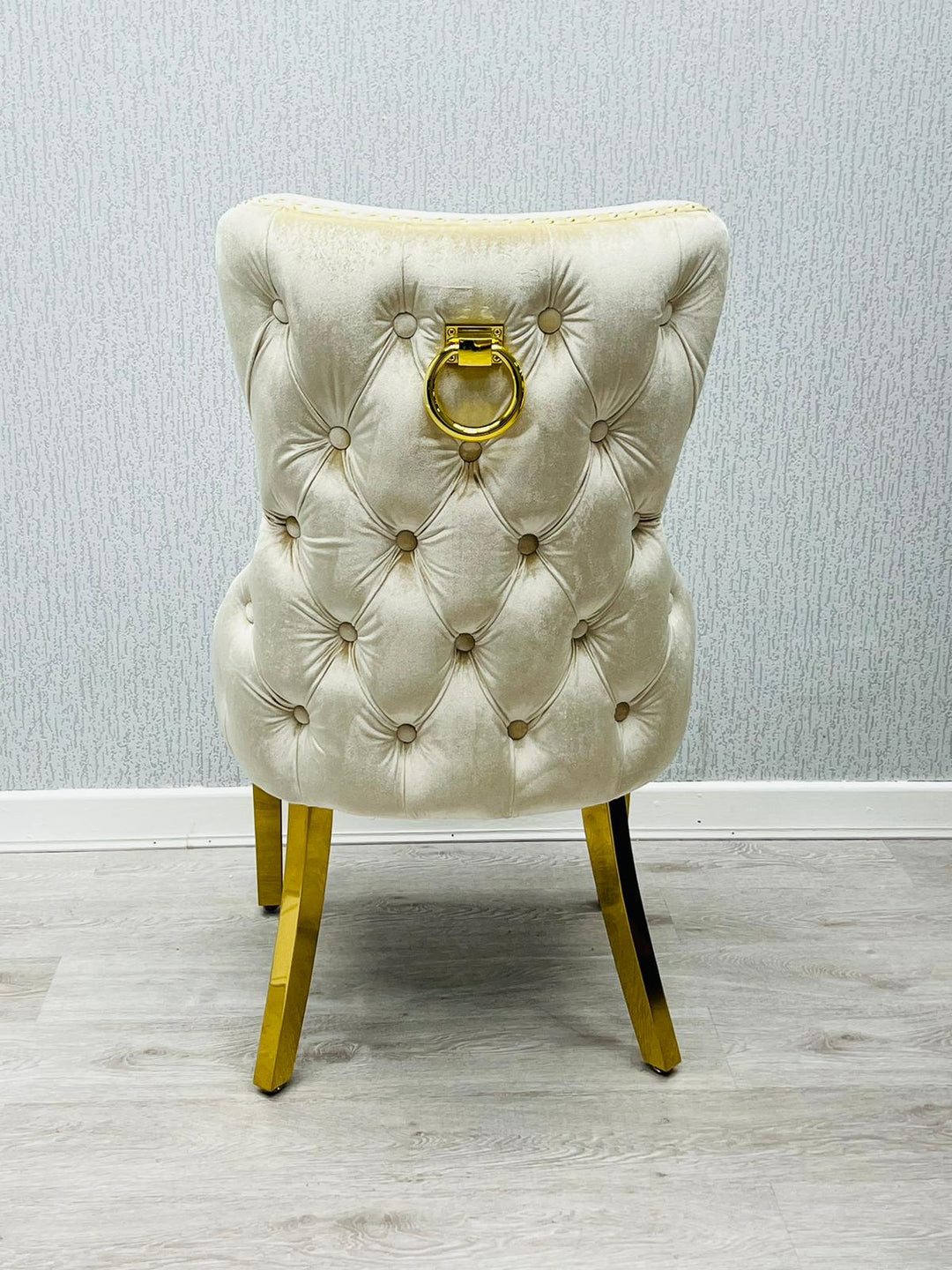 Victoria Gold Ring Knocker Quilted Tufted Plush Velvet Dining Chair Gold Legs - 2 Colours - Belmont Interiors