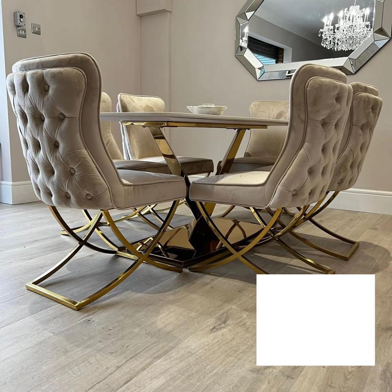 Valeo Gold 180cm Dining Table with Polar White Sintered Stone Top + Sandy Button Gold Dining Chairs-Dining Table & Chairs Set-Cuthwells-Belmont Interiors