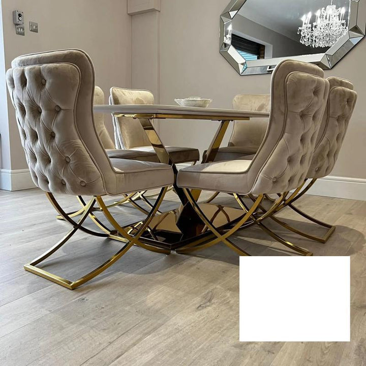 Valeo Gold 180cm Dining Table with Polar White Sintered Stone Top + Sandy Button Gold Dining Chairs-Dining Table & Chairs Set-Cuthwells-Belmont Interiors