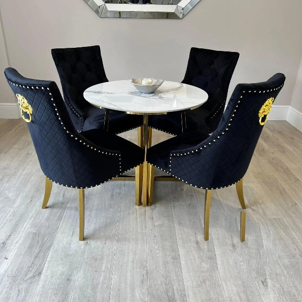 Juno 90cm Round Gold Dining Table with Polar White Sintered Stone Top + Gold Lion Knocker Dining Chairs-Dining Table & Chairs Set-Cuthwells-Belmont Interiors
