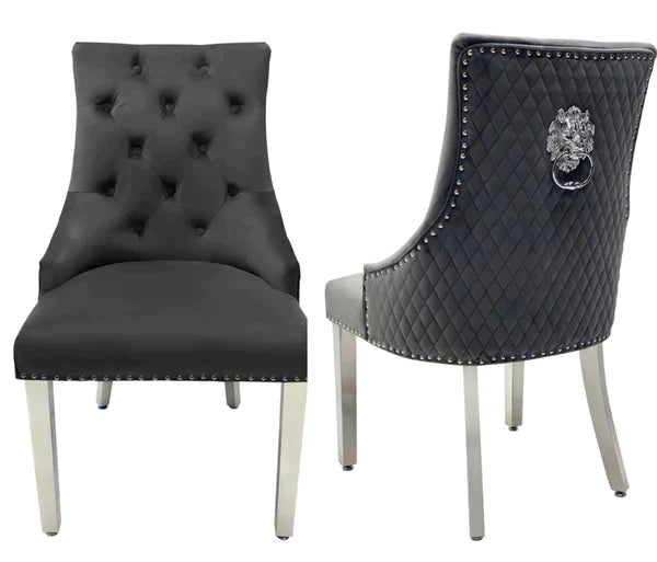 Ottavia 180cm Marble & Chrome Dining Table With Quilted Lion Knocker Velvet Chairs - Belmont Interiors