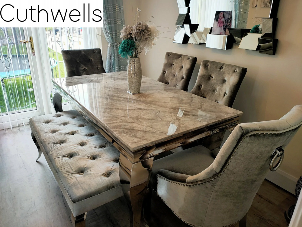 Louis 180cm Grey Marble Dining Table With 4 Silver Grey Velvet Knocker Chairs and 130cm Bench - Belmont Interiors