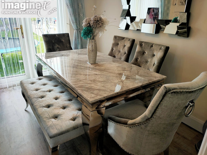 Louis 160cm Grey Marble Dining Table + 4 Silver Grey Velvet Knocker Chairs + 110cm Bench - Belmont Interiors
