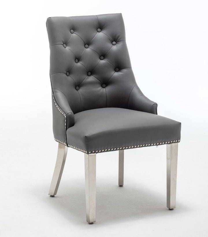 Knightsbridge Grey PU Dining Chair Faux Leather Chrome Ring Knocker - Belmont Interiors
