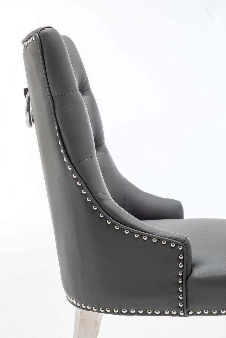 Knightsbridge Grey PU Dining Chair Faux Leather Chrome Ring Knocker - Belmont Interiors