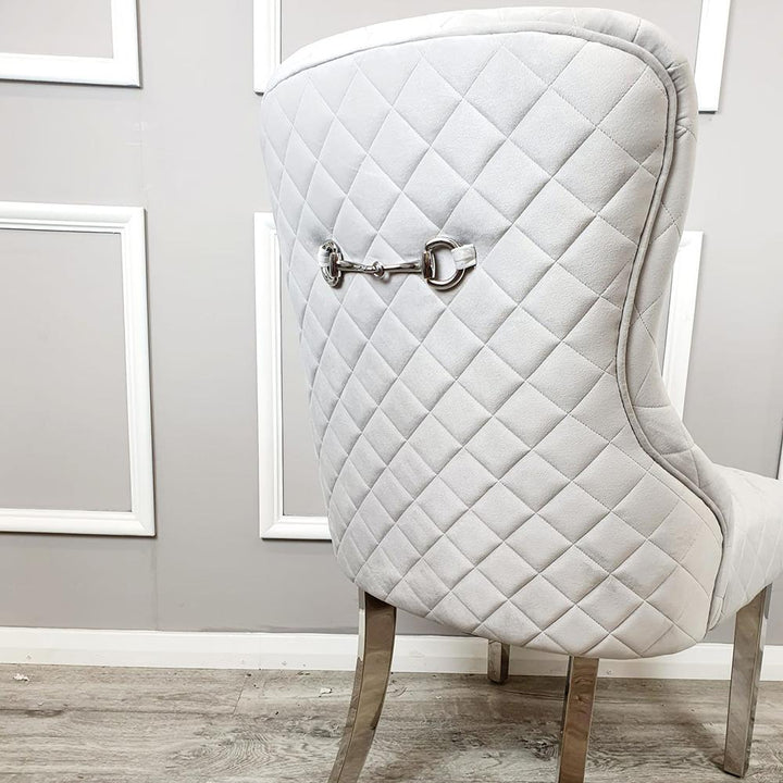 Kate Light Grey French Plush Velvet Quilted Back Dining Chair With Chrome Clasp - Belmont Interiors