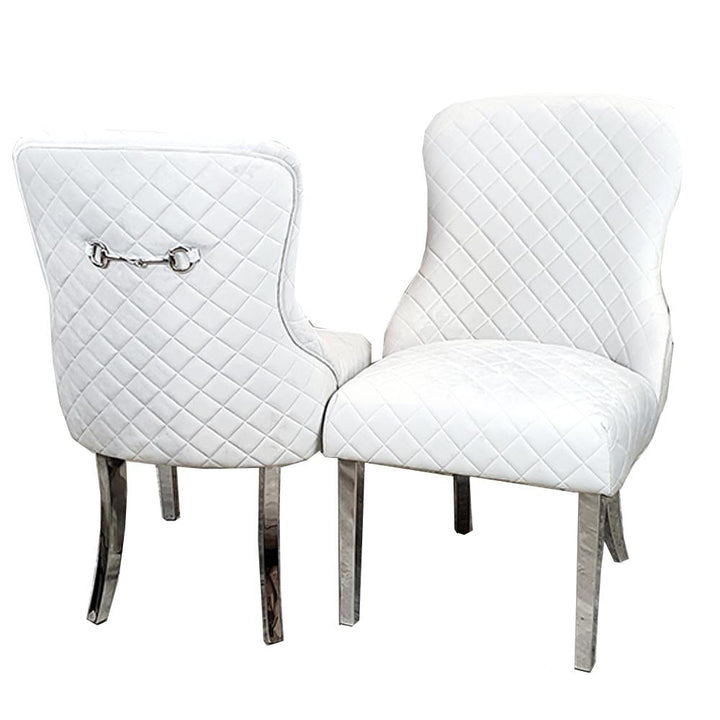 Kate Light Grey French Plush Velvet Quilted Back Dining Chair With Chrome Clasp - Belmont Interiors