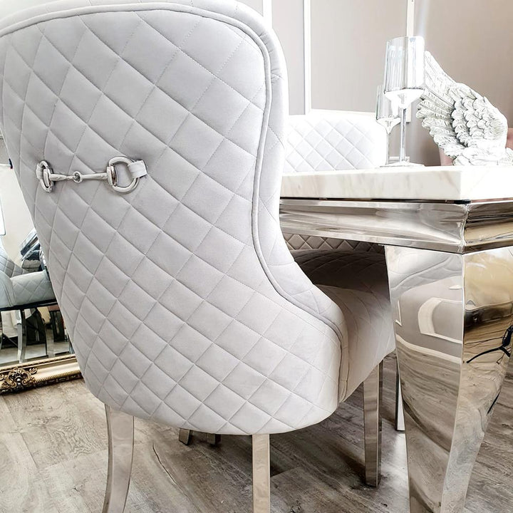 Kate Light Grey French Plush Velvet Quilted Back Dining Chair With Chrome Clasp - Belmont Interiors