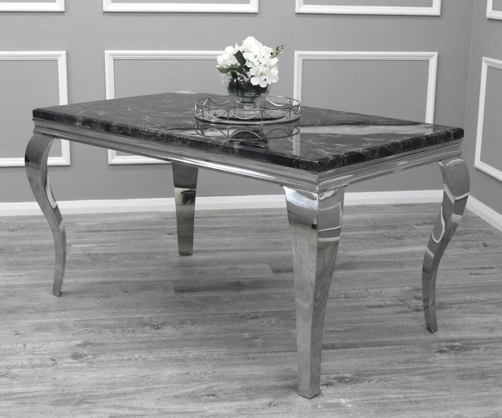 Louis Black Marble 160CM Dining Table + Grey Lion Chairs, 130cm Bench Option - Belmont Interiors