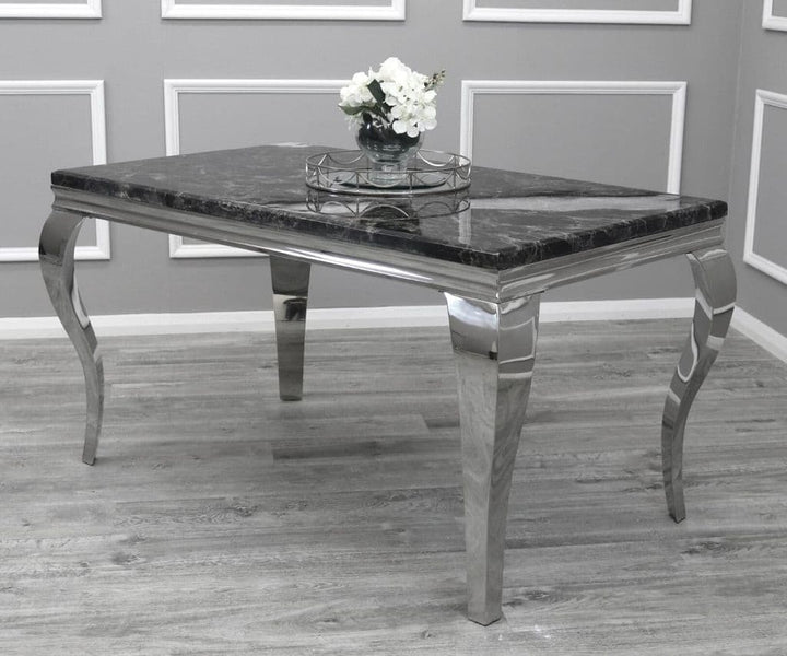 Louis Black Marble 160CM Dining Table + Grey Lion Chairs, 130cm Bench Option - Belmont Interiors