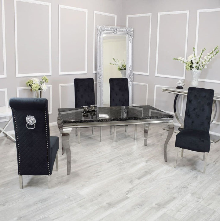 Louis 160cm Black Marble Dining Table + Lucy Black Lion Knocker Plush Velvet Chairs - Belmont Interiors