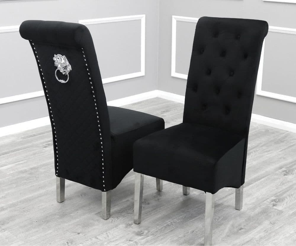 Louis 160cm Black Marble Dining Table + Lucy Black Lion Knocker Plush Velvet Chairs - Belmont Interiors
