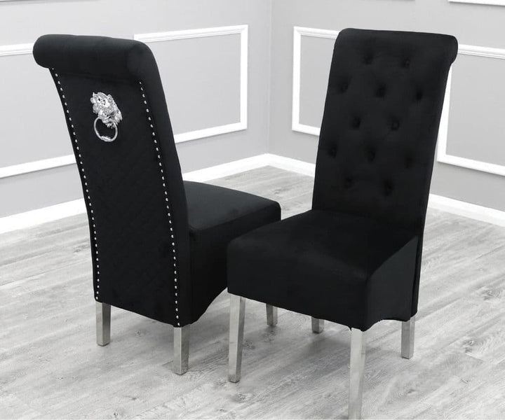 Louis 160cm Black Marble Dining Table + Lucy Black Lion Knocker Plush Velvet Chairs - Belmont Interiors