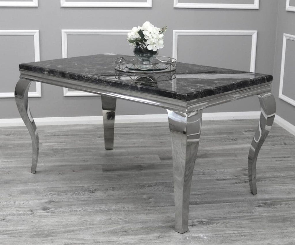 Louis 150cm Black Marble Dining Table + Black Lion Knocker Plush Velvet Chairs - Belmont Interiors